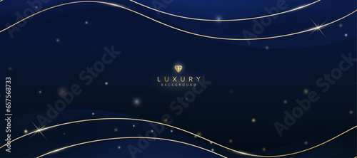 Dark blue luxury background with elements of golden curves and shiny lights. © Flookker