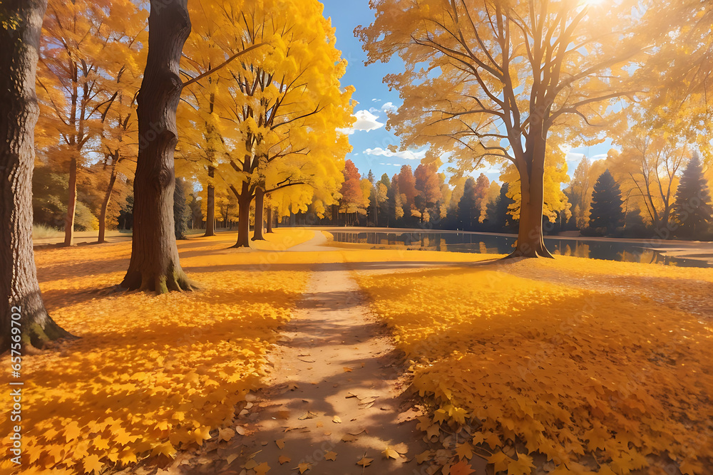 Beautiful bright colorful autumn landscape with a carpet of yellow leaves. Natural park with autumn trees on a bright sunny day