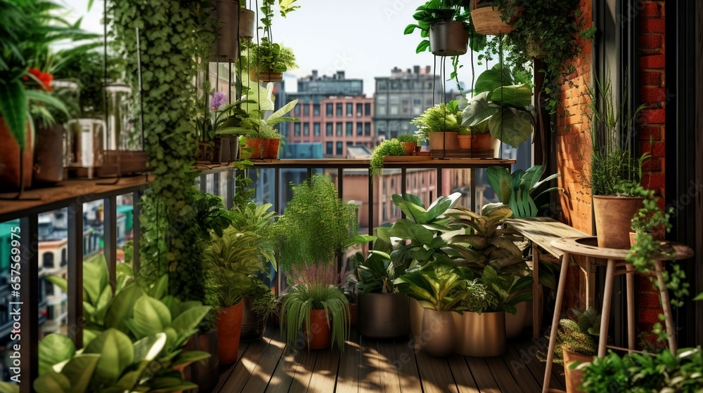 An urban jungle balcony filled with lush greenery, hanging planters, and a small water fountain