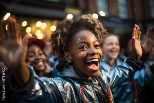 Street dance crew celebrating their performance with joyous high-fives, Generative AI