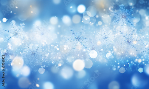 Winter snow background with snowflakes on blue sky, beautiful bokeh circles. Free space for text. generative Ai © trompinex