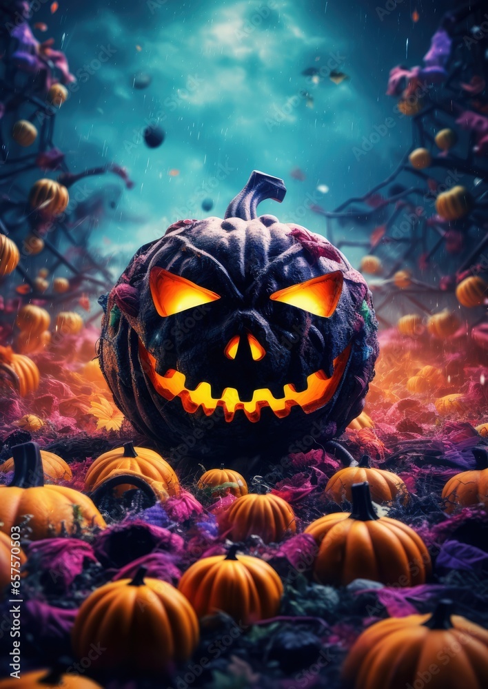 Naklejka premium Halloween wallpaper with scary forest pumpkins and bats, american saints-day. Generative Ai.