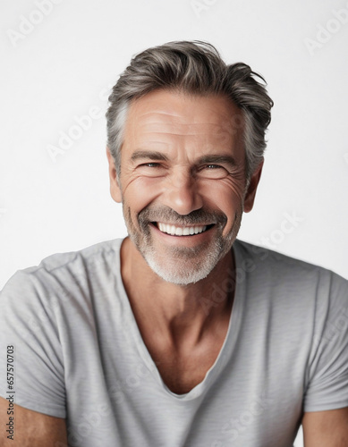 Close up portrait of beautiful confident smiling man. Happy model male, graying hair and white teeth