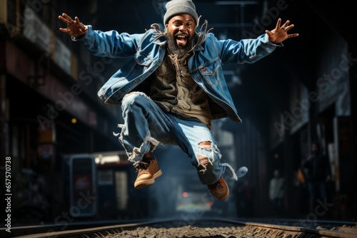 Street dancer's powerful leaps and jumps captured mid-air, Generative AI