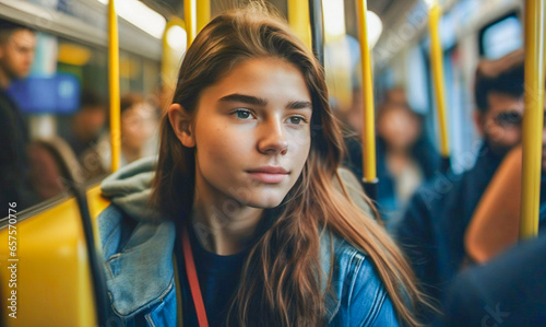 Caucasian girl sitting in a city tram. Commuter traveling to the bus station. Travel trip concept