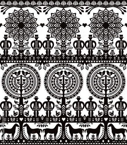 Polish folk art vector pattern with rural scene - two country men in hat, trees and birds Kurpiowskie Leluje Wycinanki - Kurpie paper cut outs design in black and white
