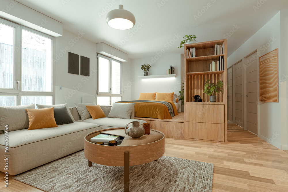 Fotografia Loft-style small parisian appartment interior design - 3D render