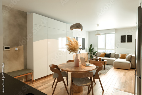 Loft-style small parisian appartment interior design - 3D render photo