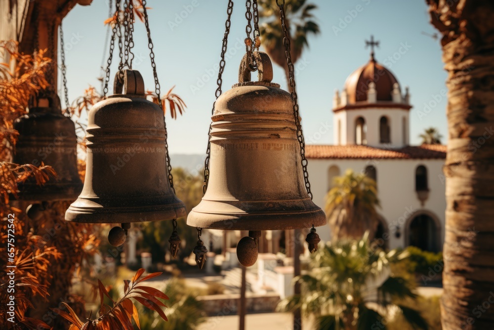 Church's historic bell tower with its bells in mid ring, Generative AI