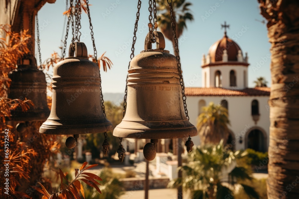 Obraz premium Church's historic bell tower with its bells in mid ring, Generative AI
