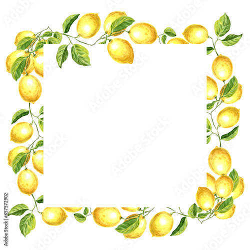 Square frame of yellow lemons with green leaves Watercolor hand drawn illustration isolated on white background for design, invitation, stickers, patterns, packaging, cards, textiles, embroidery.