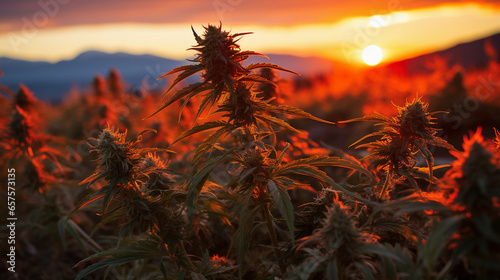 Cali Weed Buds Set Against a Vibrant Sunset Sky