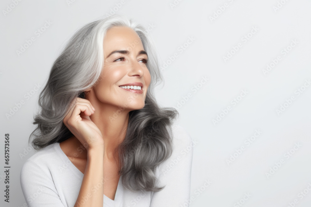 Obraz premium Portrait of a beautiful ageing mature woman with long grey hair. Healthy face and skin care beauty, cosmetics, cosmetology concept.