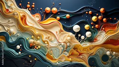 This vivid painting of abstract swirls and bubbles evokes an energy of excitement and joy, capturing a captivating display of colors and shapes
