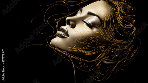 beleza Um desenho de linha dourada isolado, fundo preto photo