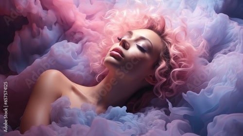 A beautiful woman with pink hair lies in a dreamy, fantastical world of swirling pink and purple, embodying the perfect blend of art, fashion, and free-spiritedness