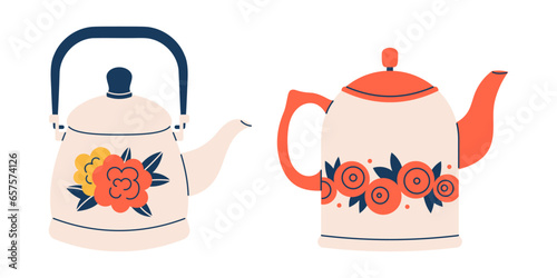Vector retro tea kettles set. Vintage kitchen tableware collection. Ceramic or porcelain utensils. Trendy teapots or kettles with flowers.