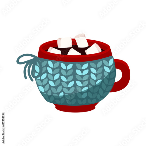 A cup of hot cocoa with marshmallows .Winter hot drink in a red mug.Vector illustration of a Christmas drink.