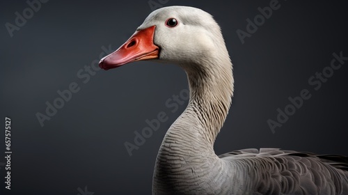  a close up of a duck with a red beak and a black background.  generative ai