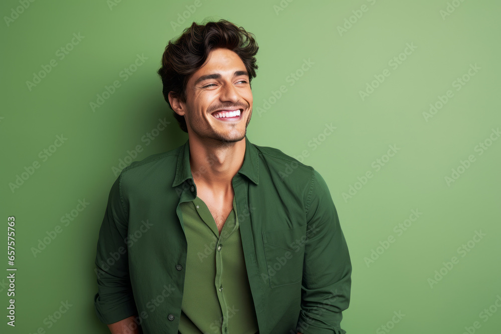 Ultra handsome man, model, smiling and laughing, wearing bright clothes. Bright solid green and yellow isolated background. Ultra handsome man, model, smiling and laughing, wearing bright clothes. Bright solid green and yellow isolated background.