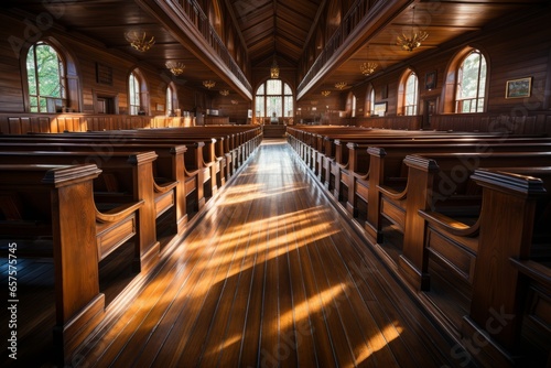  Church's wooden pews and warm, inviting interior, Generative AI