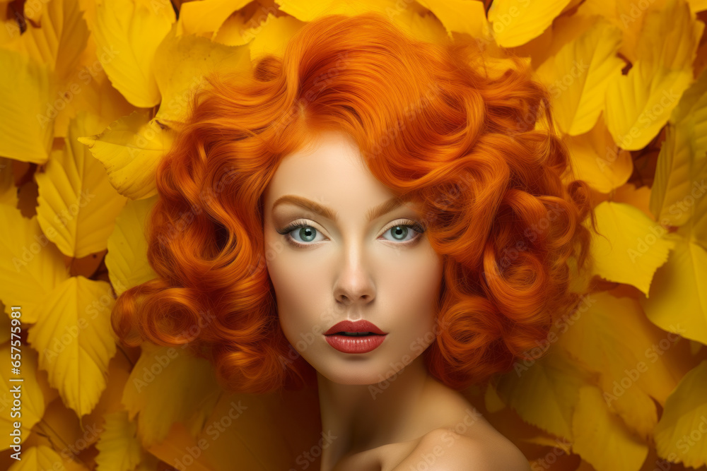 Abstract fashion image of a beautiful woman model with red, orange wave y hair on a plain isolated background