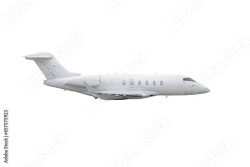 White luxury private jet plane flying isolated
