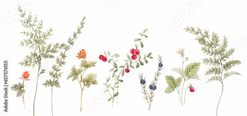 Beautiful set with hand drawn watercolor different forest wild berries and plants. Clip art. Stock illustration.