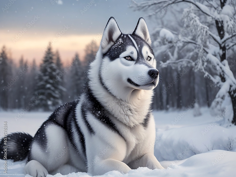 Siberian Husky in a snowy winter landscape, capturing its majestic appearance.