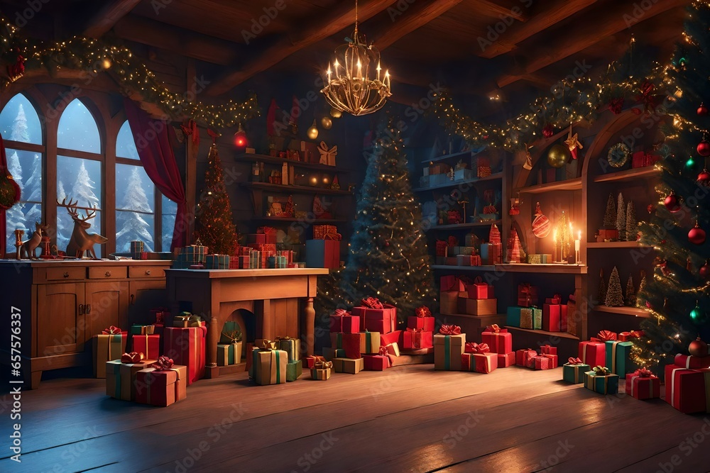 Create a whimsical 3D rendering of Santa's workshop in a fantastical winter wonderland. The scene should be filled with intricate, realistic design objects, such as toy trains, presents, and elves wor