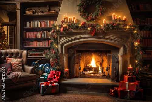 A warm and inviting living room with a crackling fireplace  adorned with Christmas decorations and stockings. Generated AI