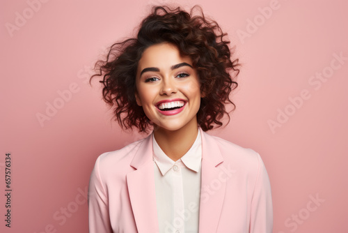Print op canvas Happy ultra beauty girl, woman, who is smiling and laughing, wearing bright clothes