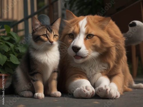Adorabile cane e gattino che giacciono insieme in un abbraccio amorevole - intelligenza artificiale generativa