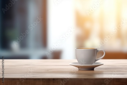 Cup of fresh black coffee on table top. Blurred home background. Romantic morning