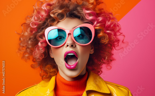 Young ultra beautiful woman  Surprised and excited  opening eyes and mouth wearing bright colored sunglasses   Bright solid light color background
