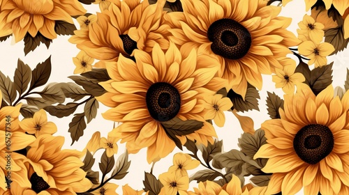  a bunch of yellow sunflowers with leaves on a white background. generative ai