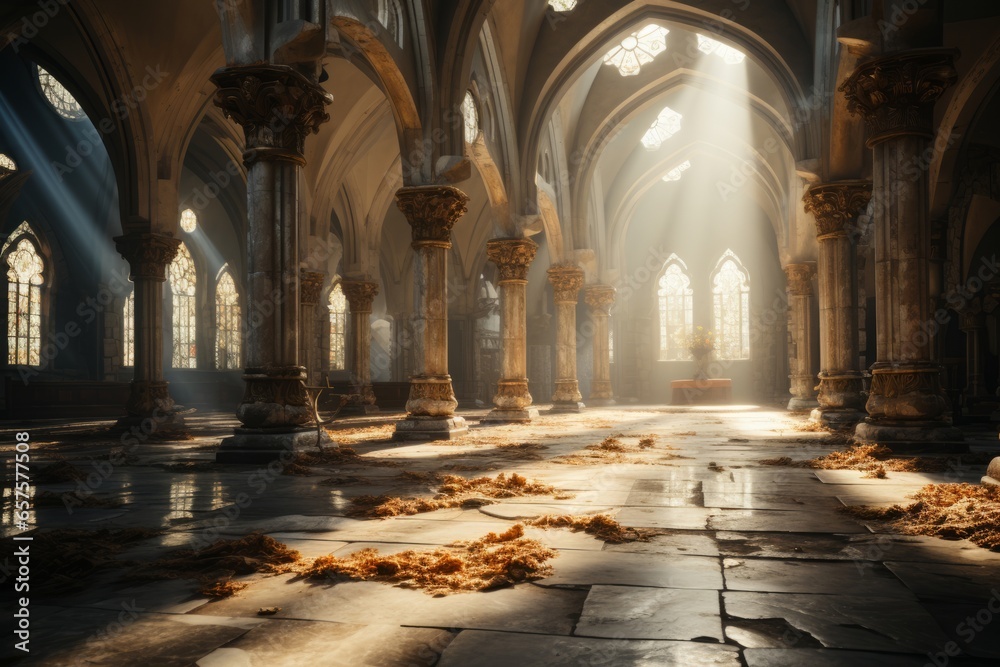  Serene church interior with sunlight streaming through the arched windows, Generative AI