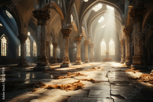  Serene church interior with sunlight streaming through the arched windows  Generative AI