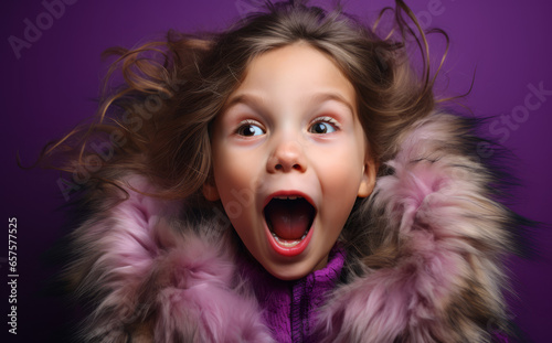 Young happy excited girl child, surrounded by purple feathers and fur, looking surprised and laughing.
