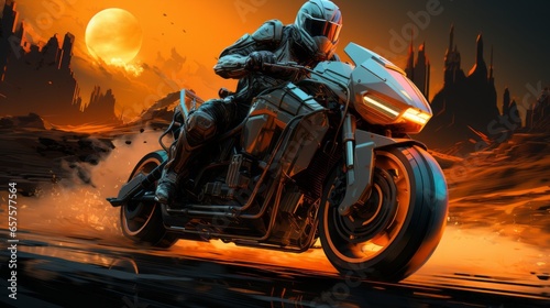 As the sun sets, a thrill-seeker roars off into the horizon, wearing a helmet and straddling a powerful motorcycle, ready for an adventurous journey across the open roads photo