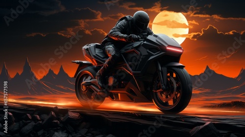 The person on the motorcycle rode into the vibrant sunset, the engine of the bike roaring as the wind blew through their hair and the wheels spun wildly against the vibrant backdrop of the clouds photo