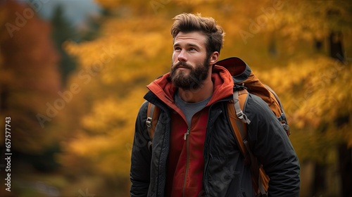 Closeup of bearded man hiking in autumn. The warm colors of fall create a calm and inviting atmosphere, making this image perfect for travel, adventure, lifestyle and nature themed projects.