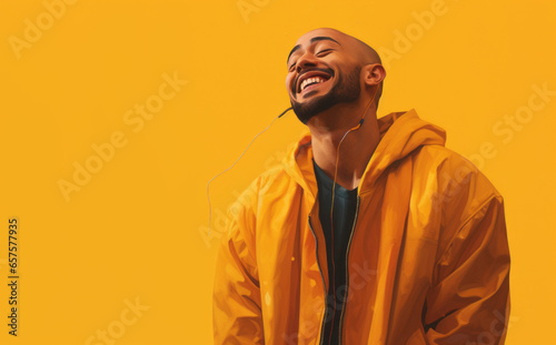 Ultra handsome man, model, smiling and laughing, wearing bright clothes. Bright solid green and yellow isolated background.