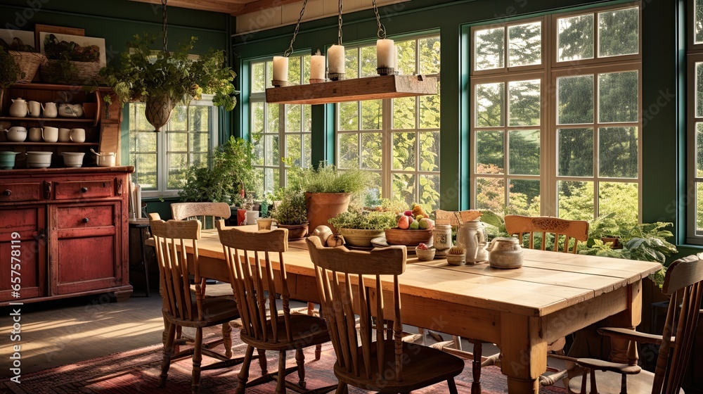 Country dining room with a long wooden table, spindle-back chairs, and a rustic chandelier