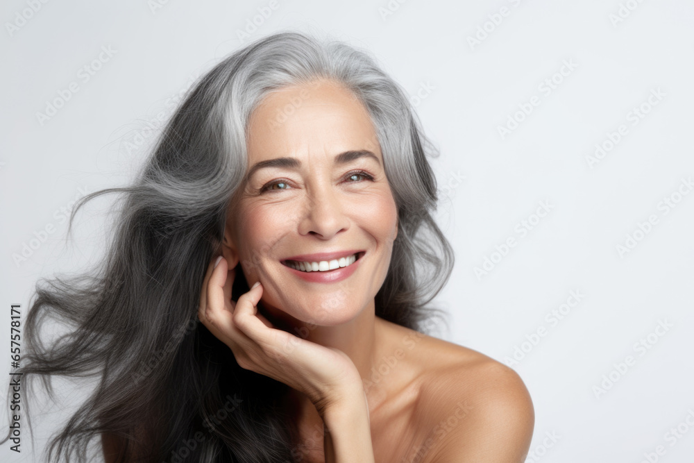 Obraz premium Portrait of a beautiful ageing mature black woman with long grey hair. Healthy face and skin care beauty, cosmetics, cosmetology concept.