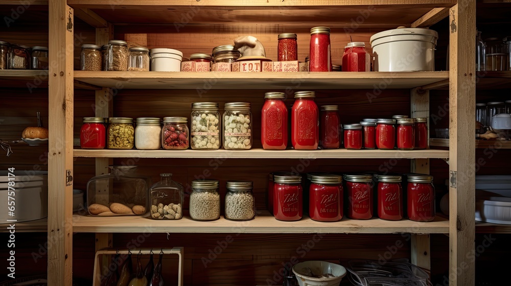 Country pantry with wooden shelves, mason jars, and canned preserves