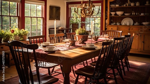 Country dining room with a long wooden table  spindle-back chairs  and a rustic chandelier