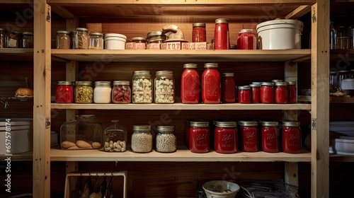 Country pantry with wooden shelves, mason jars, and canned preserves