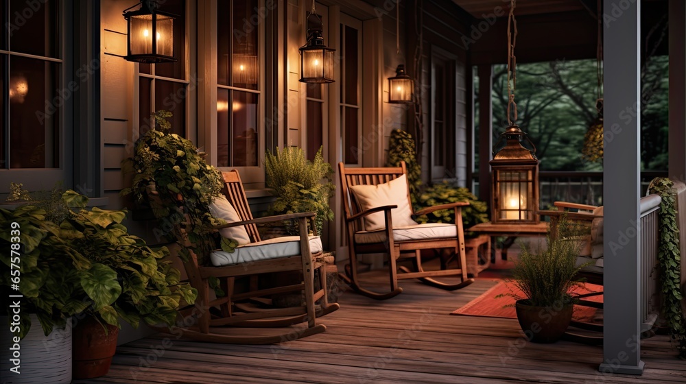 Porch area with rocking chairs, lanterns, and potted plants