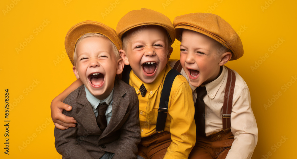 Three happy smiling, laughing children of african-american and white American race. Child girl, yellow isolated background